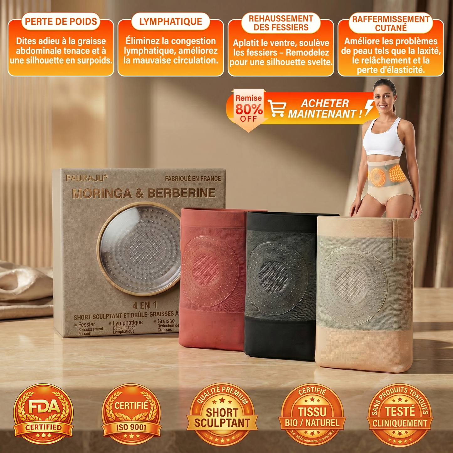 ⭐Boutique Officielle | 👨‍👩‍👦👨‍👩‍👦 𝐏𝐀𝐔𝐑𝐀𝐉𝐔® 2026 Short Sculptant & Brûle-Graisses 4-en-1 aux Micro-Particules de Moringa & Berbérine-ABB8（H2）