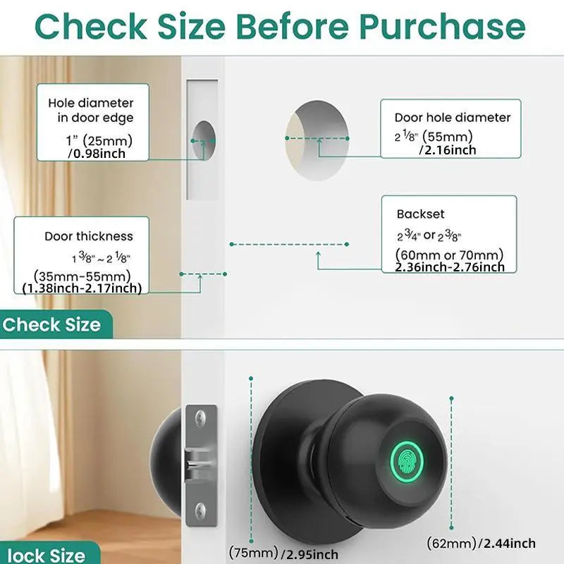 EUERTE Smart Fingerprint Door Lock 3-in-1 with TT App Control & 5S Auto-Lock Rechargeable Battery for Rooms Offices Apartments Warehouses Garages Black Friday Gift-H1